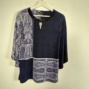 Alfani Womens Blue Patchwork Beaded Neck Tunic Top Petite Small Stretch New $69
